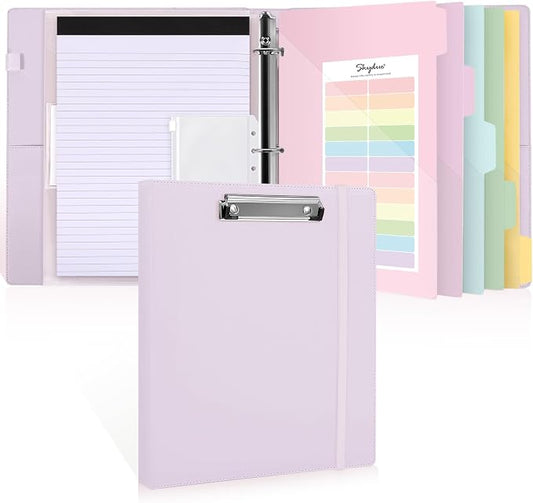 SKYDUE 3 Ring Binder with Clipboard 1 Inch, 13.2" × 10.2" PU Clipboard Binder with Notepad & 5 Dividers with 5 Pockets, Labels, Clipboard Folder Great for School Office (Fit Letter Sized Paper)