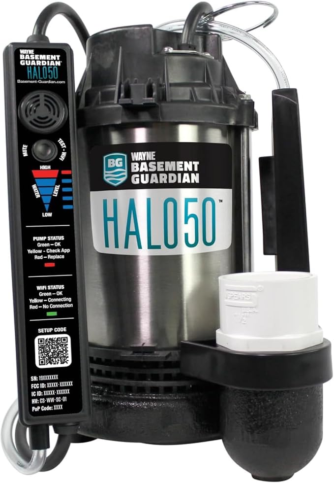 WAYNE HALO50 Smart Sump Pump – ½ HP Stainless Steel Basement Protection Pump, Up to 5,100 GPH – Digitally Connected Flood Protection with App Monitoring – Quiet Operation