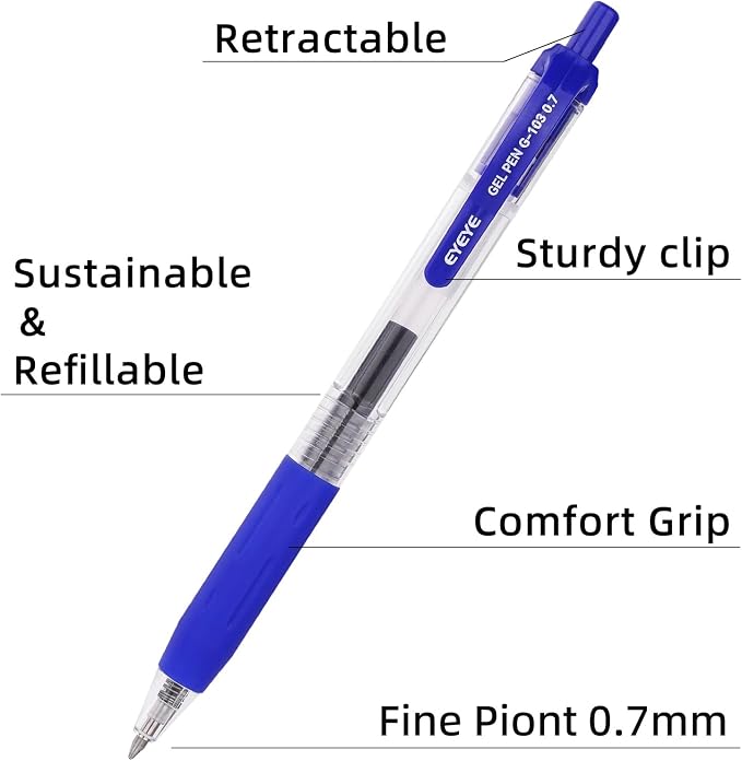 EYEYE G-103 Blue Gel Pens 15 Pack, Retractable, 0.7mm Medium Point | Quick Drying, Ballpoint Pen Fine Point Smooth Writing Pens for Office Supplies, Black to School