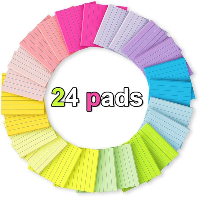 (24 Pack) Lined Sticky Notes 3x3 in,Notepads with Lines,Ruled Stickies Super Sticking Power,Office School Memo Note Pads Bright Colors,Post on Windows Doors,Recyclable,Easy to Write on
