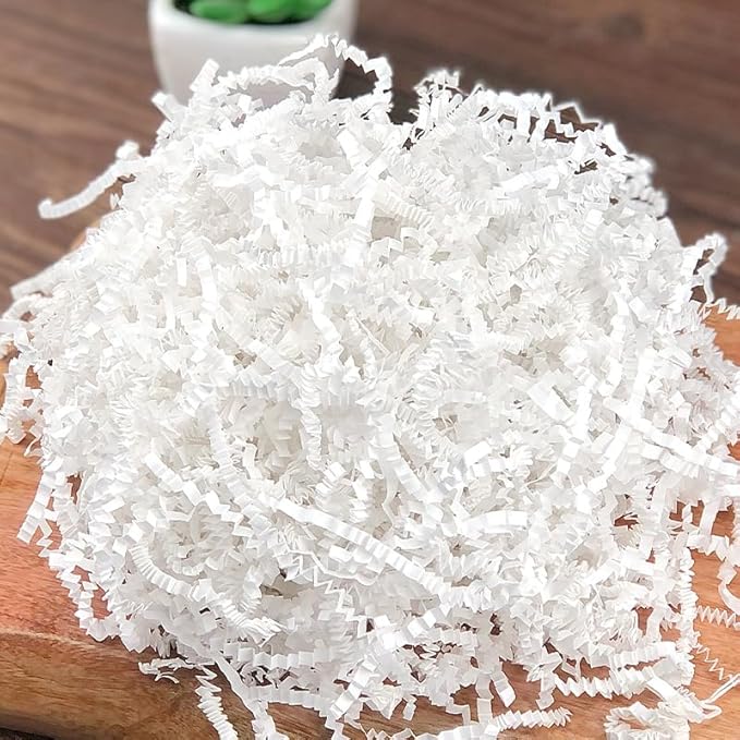 LYARCHTE Crinkle Paper Filler 5.2 oz, Crinkle Cut Paper Shred Filler Shredded TissueRaffia Grass Paper for Gift Basket Packing Bag Filler (White)