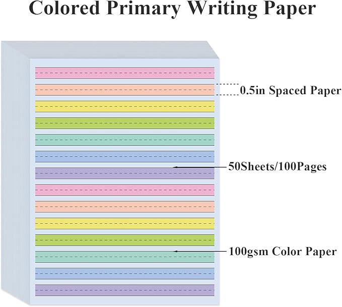 8.5" x11" Double Side Colored Primary Writing Paper for Kids with ADHD - 50 Sheets/100 Pages Handwriting Paper, 0.5" Multi-Color Raised Line Paper Kindergarten Practice Tactile Writing Papers