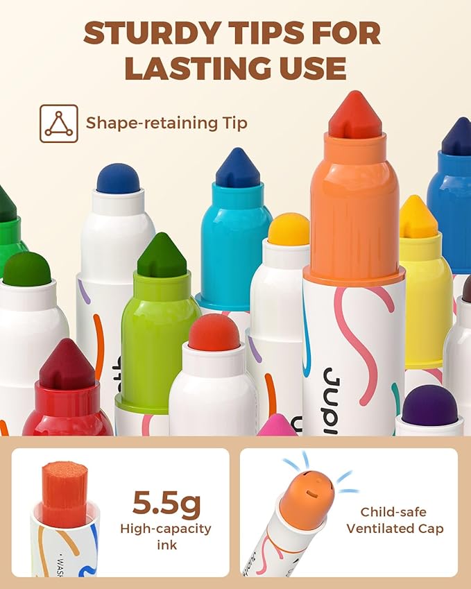 JUPITEARTH Washable Dual Tip Markers for Kids, Broad & Round Tip, Easy-Grip Design for Little Hands, 24 Vibrant Colors Toddler Markers with Portable Case, Preschool Art Supplies for Kids Toddlers