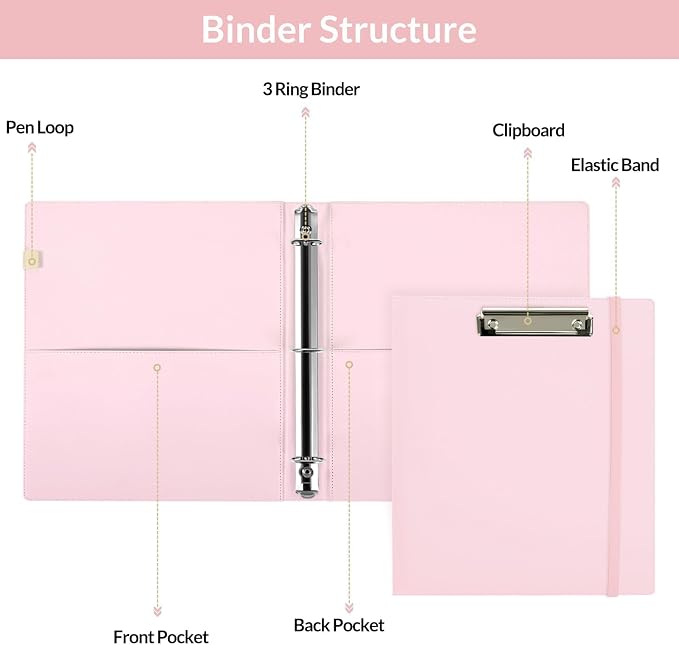 SKYDUE 3 Ring Binder with Clipboard, 13.2" × 10.2" Faux Leather 1 Inch Binder Organizer with 5 Pocket Dividers, Notepad, Labels & 2 Storage Pockets for Teachers, Students, Nurses & Office Work