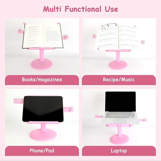 Kids Book Stand, Adjustable Reading Holder, Thick Base, Foldable Reading Stand with Elastic Page Clips, for 8.5"×11" or Smaller, Gift for Children, Pink