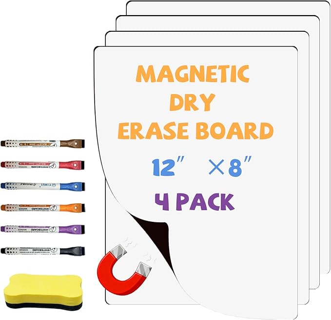 Magnetic Whiteboard for Fridge White Board 12"X8" 4 Pack Magnetic Dry Erase Board with 6 Markers & 1 Eraser Home Kitchen Blank Notepad Small Whiteboard for Organizer and Planner
