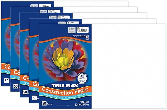 Tru-Ray® Construction Paper, White, 12" x 18", 50 Sheets Per Pack, 5 Packs