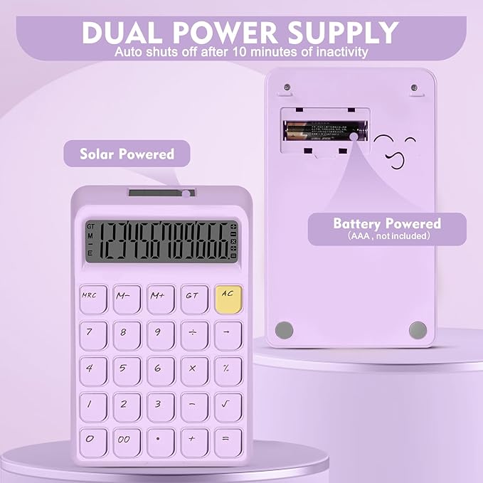 Cute Calculator, Calculators Desktop, Purple Calculator Big Buttons, Solar and Battery Dual Power, 12-Digits Large LCD Display, Desk Calculators for Office Home School Basic Business (Purple)