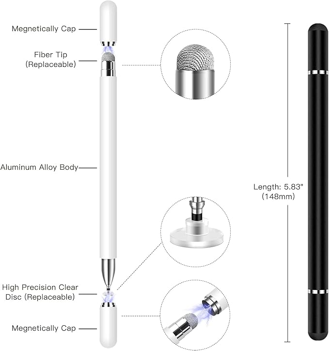2PCS 2-in-1 Stylus Pen for Samsung Galaxy Tab A11/A11+/A9+/A9/A8/A8 Plus/A7/A7 Lite,Stylus for iPad Pro/iPhone/Fire/Surface Tables All Touch Devices (Black+White)