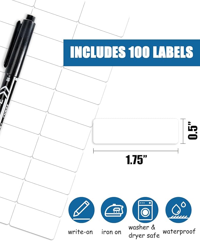 Writable Iron on Clothing Labels, Fabric Labels Name Tags for Daycare, Nursing Home, Camp, School, Laundry, Organizing, Washer & Dryer Safe, Pack of 100 - Size 0.5'' x 1.75'', with 1 Permanent Marker