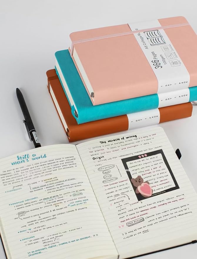 Thick College Ruled Notebook with 366 Numbered Pages, A5 Journals for Writing with 100GSM Lined Paper, Hardcover Leather Notebooks for Women Men School Note Taking Office Work Diary, Wood