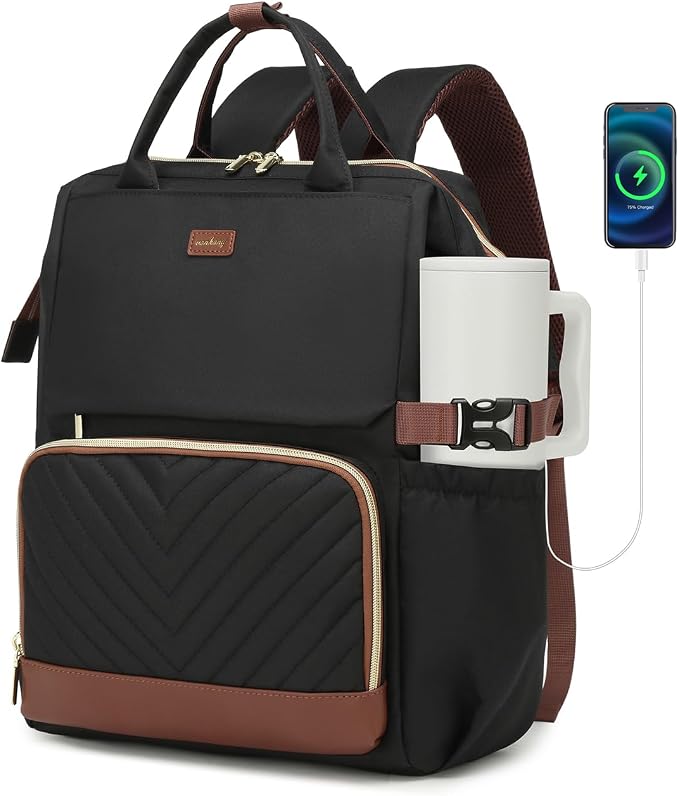 Work Backpack for Women, Teacher Nurse Bookbag Laptop Backpack with Cup Holder & USB Charger for Travel, College School Bags for Teen Girl, Black Brown