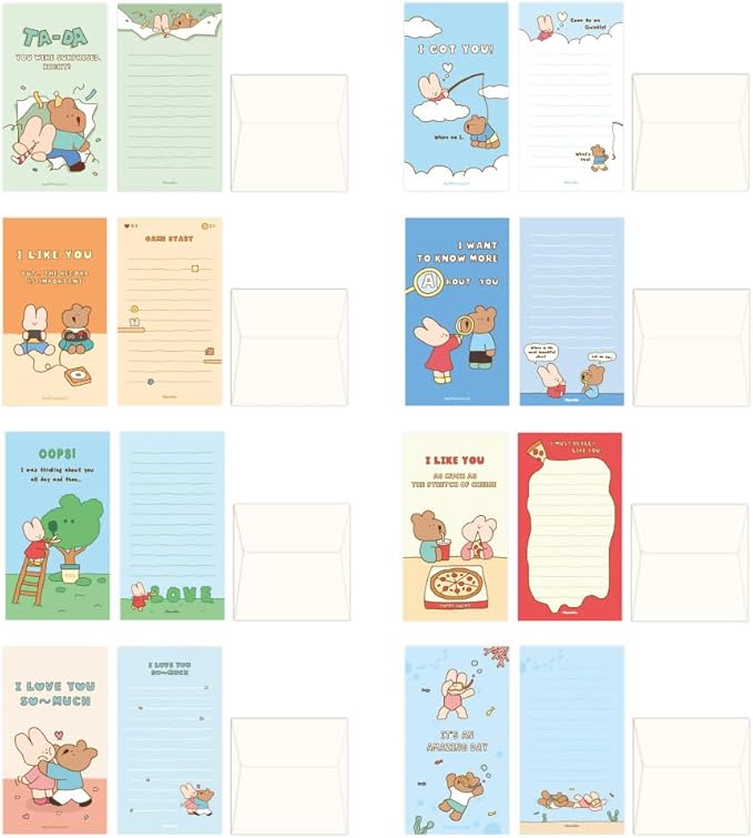 Monolike Happy and Lucky Littles Series.1 Mini Letter Paper and Envelopes Set - 8Type, 32 Letter Paper + 16 Envelopes