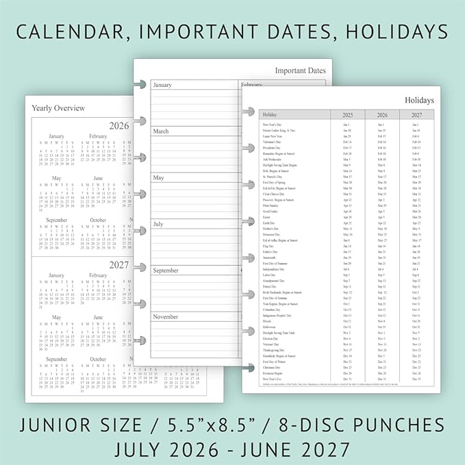 2026-2027 Weekly & Monthly Planner Refills for 8-Discbound Planners, July 2026 to June 2027, Junior Size, 5-1/2"x8-1/2"