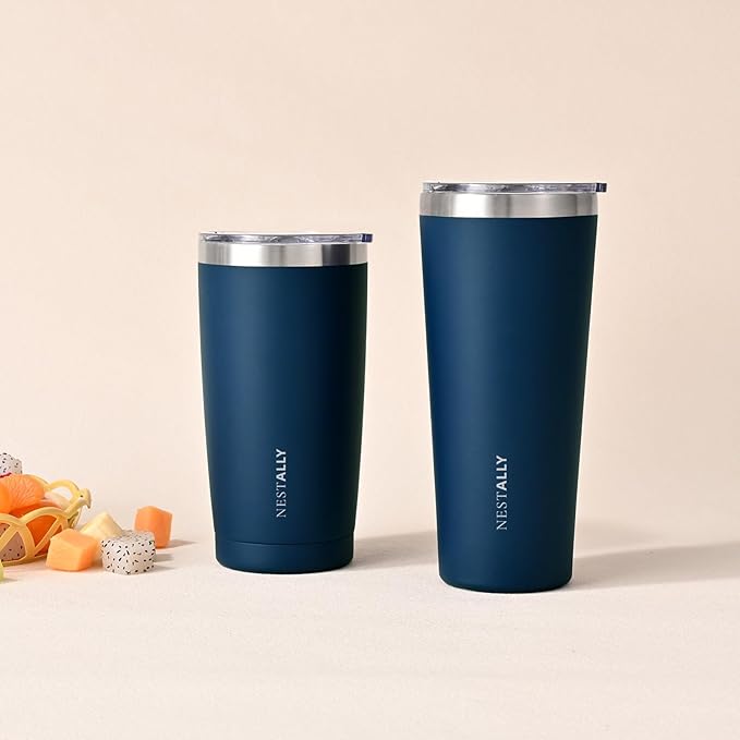 NESTALLY Coast 20oz Stainless Steel Tumbler, Extra Capacity Holds Up to 22oz, Double Wall Vacuum Insulated Travel Coffee Mug with Lid & Metal Straw, Leakproof Reusable Cup for Travel (Navy Blue)