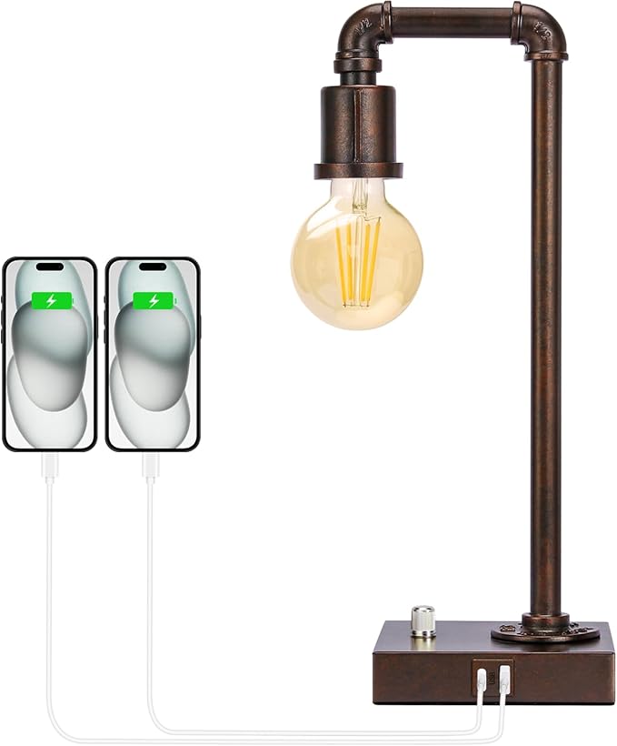 Industrial Table Lamp for Bedroom, Fully Dimmable Bedside Lamp with USB C+A Ports, Vintage Lamp with Water Pipe Design, Steampunk Table Lamps for Living Room, Dorm, Office, 6W LED Bulb Included