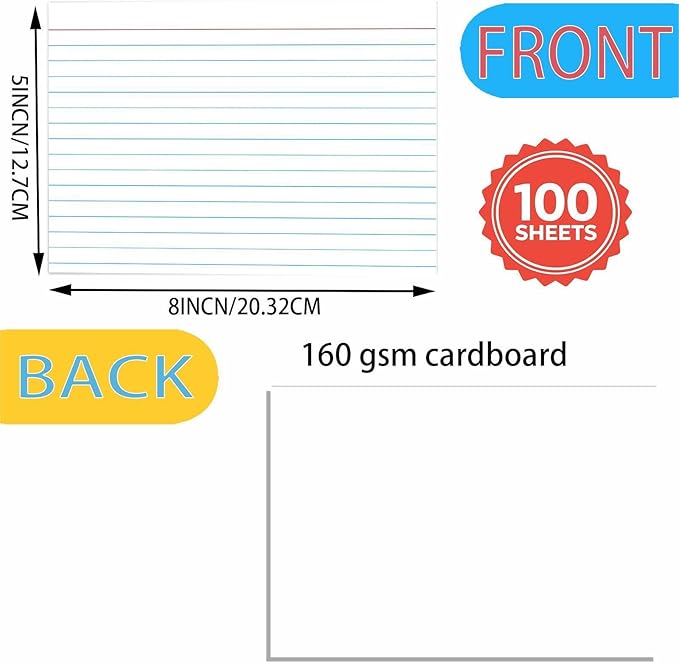 100 Pack 5x8 Index Cards, Lined Heavyweight 160g White Note Cards for Study, Organization & Office, Ruled Flashcards for Students & Teachers