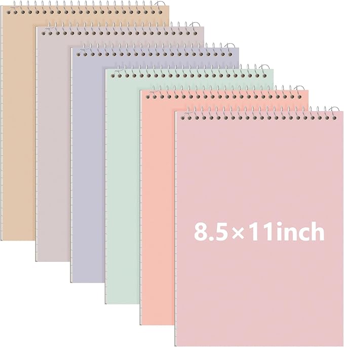 Resurhang 6 Pack 8.5 x 11'' Office Steno Book Double-sided Spiral Steno Books College Ruled White Paper 70 Sheets/Pad Pastel Colors Covers for School Office(Fresh Tone,Classic Style)