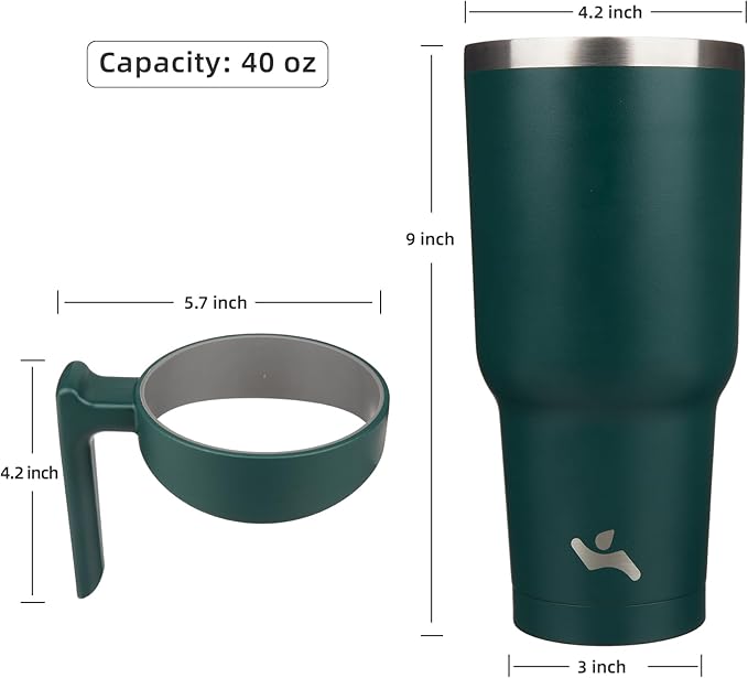 Konokyo 40 oz Tumbler with Handle and 2 Straw 2 Lid, Insulated Water Bottle Stainless Steel Vacuum Cup Reusable Travel Mug,Army Green
