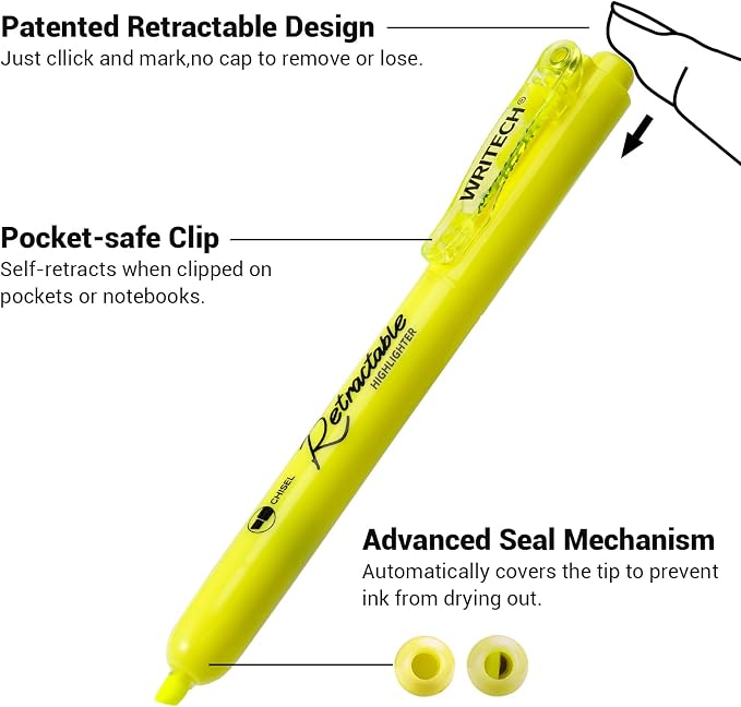 WRITECH Retractable Highlighters Chisel Tip: Fluorescent Yellow Ink Highlighter Marker Pens No Bleed & Smear Pack for Home School Office (12ct Yellow) (Pack of 2)