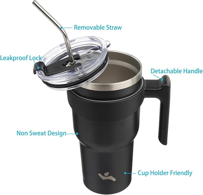 Konokyo 30 oz Tumbler with Handle and 2 Straw 2 Lid, Insulated Water Bottle Stainless Steel Vacuum Cup Reusable Travel Mug,Black