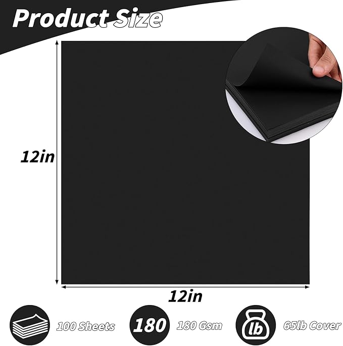 Black Cardstock Bulk 100 sheets, 12” x 12” Cardstock Construction Paper,180 GSM/62lb Card Stock Printer Christmas Paper for Scrapbooking Diy Crafts Card Making