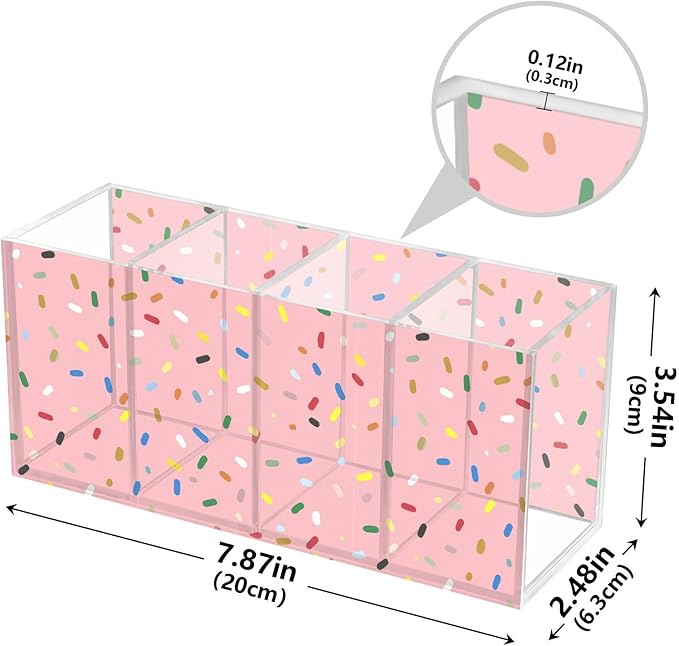 Aslsiy Colorful Confetti Sprinkle Pink Pen Holder for Women 4 Compartments Acrylic Pencil Holder Clear Makeup Brush Holder Desk Organizer Office Supplies