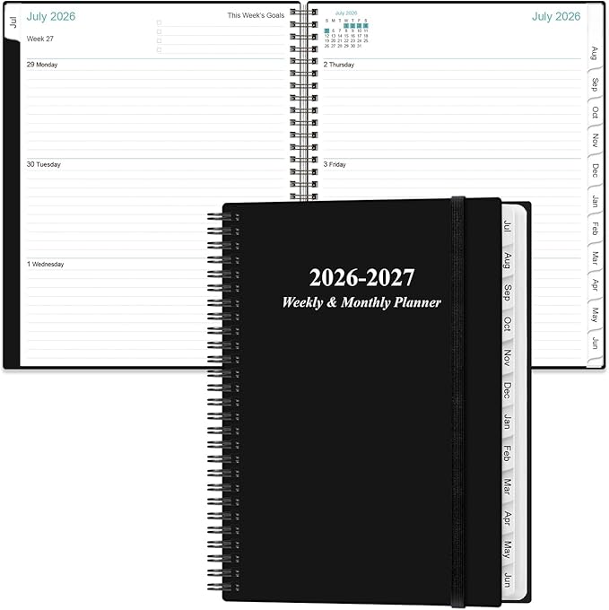 2026-2027 Planner - Planner 2026-2027 from July 2026 to June 2027 with 12 Monthly Tabs, Flexible Cover, Inner Pocket, 8.5" x 11", Black-B