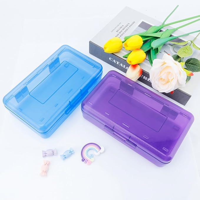 Pencil Case, Pencil Box, Clear Pencil Case, 2 Pack Plastic Pencil Case, Large Pencil Case, Clear Crayon Box with Snap-tight Lid Stackable Design, Plastic Storage Box for Office Supplies, Purple+Blue