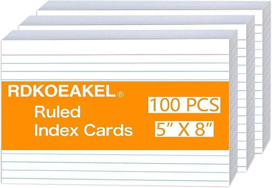 100 Pack 5x8 Index Cards, Lined Heavyweight 160g White Note Cards for Study, Organization & Office, Ruled Flashcards for Students & Teachers
