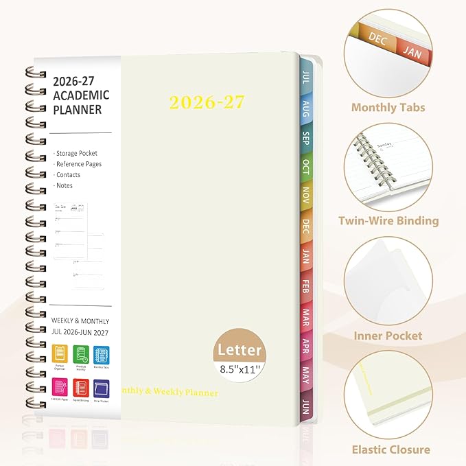 Planner 2026-2027, Weekly and Monthly Academic Year Calendar Planner, July 2026 - June 2027, Daily Agenda Book for Office School Supplies, Letter Size(8.5'' x 11'')