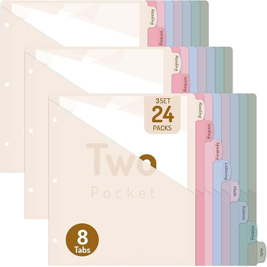 Forvencer 24 Counts Dividers with 2 Pockets, 8 Tabs Binder Dividers for 3 Ring Binder, Binder Dividers with Tabs for School Office Organization, Multicolor, Letter Size, 3 Sets