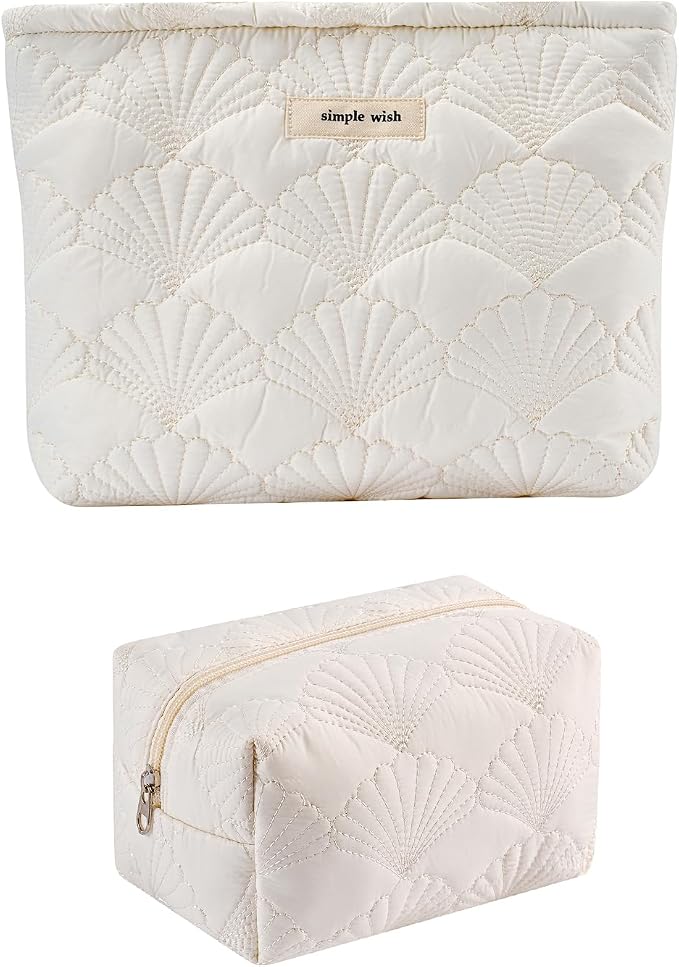 uekeboag 2Pcs White Shells Quilted Cotton Makeup Pouch Set(2Pcs) | Coquette Quilted Toiletry Bag for Women and Girls, Floral Coquette Organizer Bag, Aesthetic Travel Cosmetic Bags