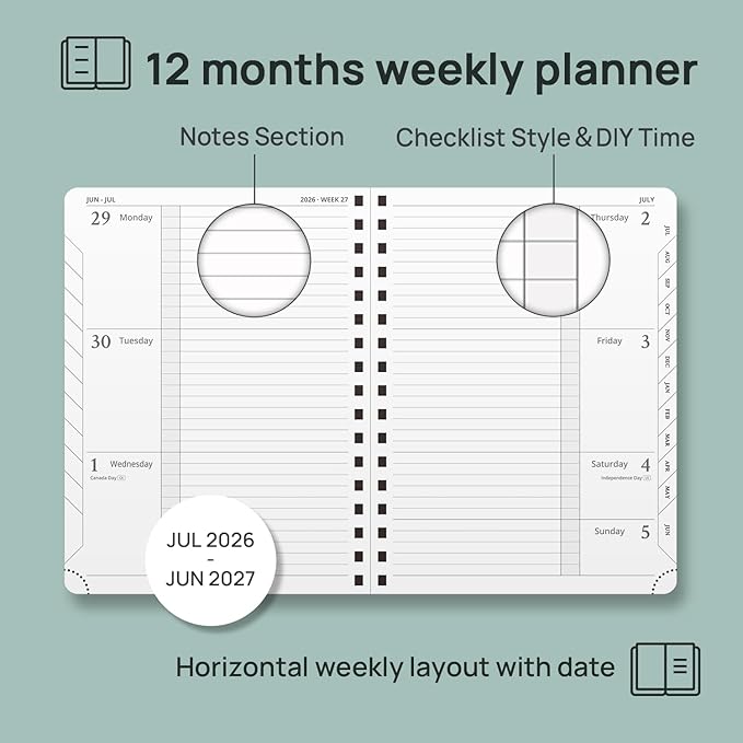 POPRUN 2026-2027 Academic Weekly Planner, 6.75" x 8.75" Horizontal Daily Book Calendar, July 2026 to June 2027, Softcover Appionment Book with Monthly Tabs, Spiral Bound, Inner-Pocket - Lavender