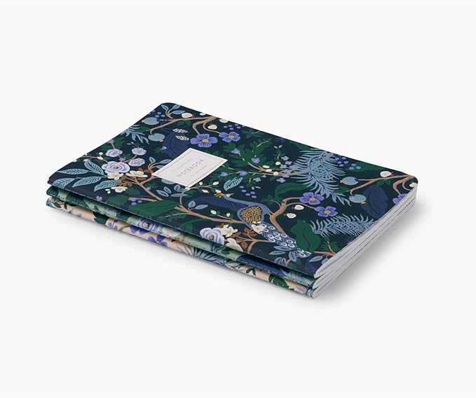 RIFLE PAPER CO. Peacock Stitched Notebook Set, Assorted Set Of 3 Colorful Notebooks, 64 Ruled Pages With Gold Ink, Full Color Canvas Cover With White Text Paper Interior (6" W × 8.5" L)