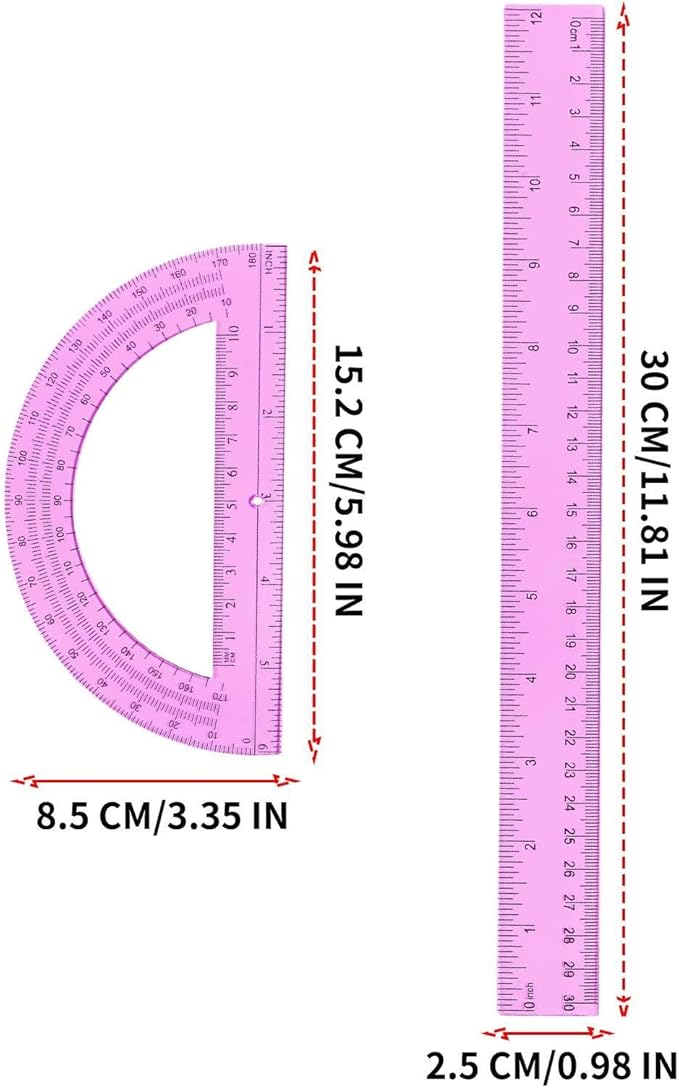 Geometry Set - Math Ruler and Protractor, Durable Transparent Stationery with Precise Etched Scale, Drafting Tool Kit, Measuring Ruler Pack, Student Geometry Gear for Classroom Math Study