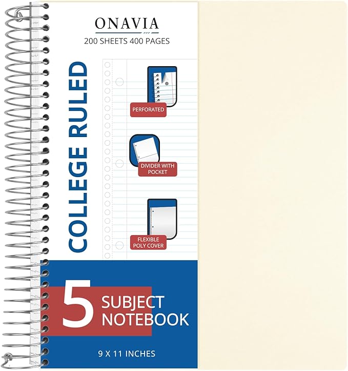 ONAVIA 5 Subject Spiral Notebook, 1 Pack, College Ruled, 9 x 11 in, 200 Sheets, Poly Cover, 3-Hole Punched with Dividers and Pockets for Classroom Study, Beige