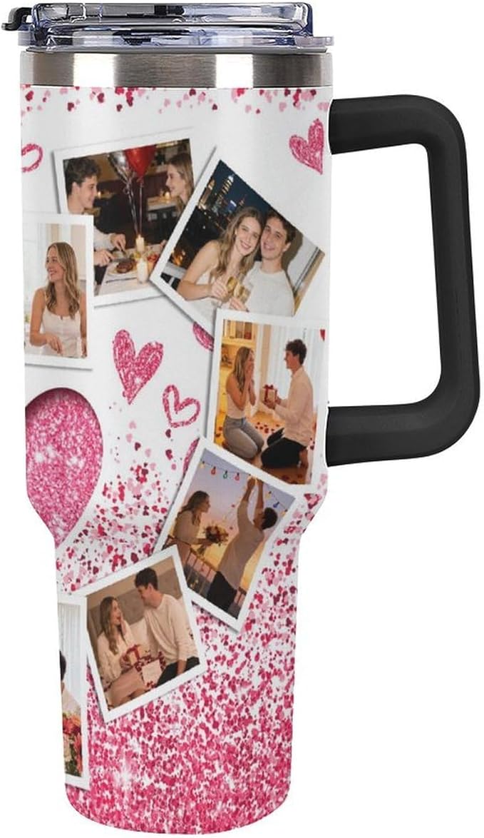 Personalized Tumbler Custom Vacuum Insulated Travel Mug Customizable Coffee Cup with Your Photos and Text Christmas Birthday Gift (Heart Shaped Photo)