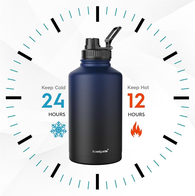 Navigate 64oz Insulated Water Bottle for Sports, Keep Cold 24H | 2-in-1 Spout and Handle Lids, Double Leak-Proof, 18/8 Stainless Steel, BPA-Free, Wide Mouth for Hiking,Blue to Black