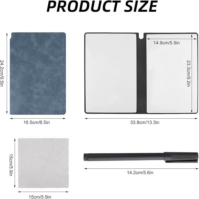 Reusable A5 Dry Erase Notebook Include a Wipeable Pen and Rag,9.4x6.5 Inch Erasable Notebook Whiteboard Notebook,Wipeable Notebook PU Hardcover for Office and Taking Notes(Denim Blue)