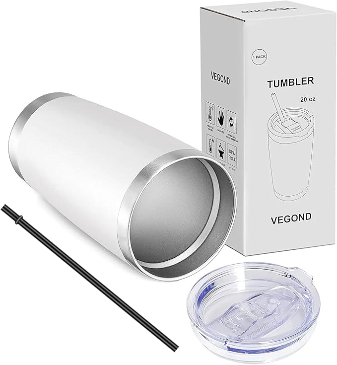 VEGOND 20oz Tumbler with Lid and Straw Stainless Steel Tumbler Cup Bulk Vacuum Insulated Double Wall Travel Coffee Mug Powder Coated Coffee Cup, White, 12 Pack