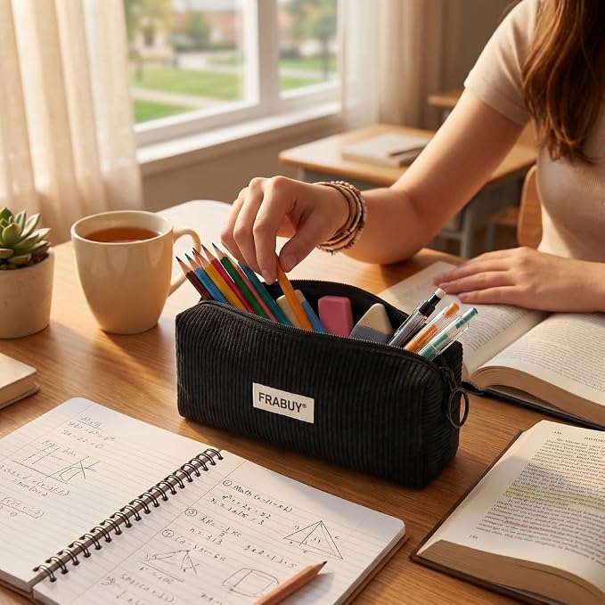 Soft Corduroy Pencil Case Pen Pouch Organizer, Small Stationery Bag | Cute black pencil pouch, smooth zipper, daily cosmetics holder, compact organizer for school teen girls, women