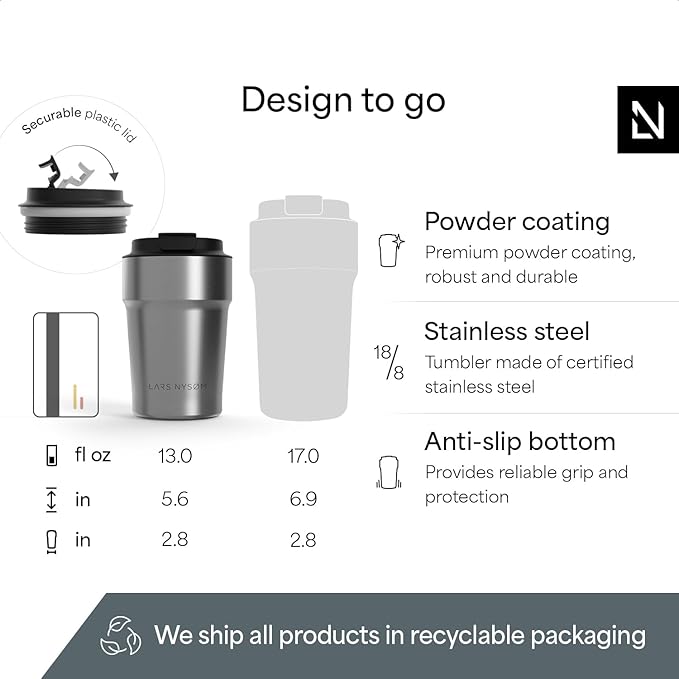 LARS NYSØM Thermo Coffee Mug to go 13oz | Travel Mug 0.38 Liter with Insulation | Silicone grip base | Leak Proof Stainless Steel Tumbler for Coffee and Tea on the Go (Powder Steel, 13oz)