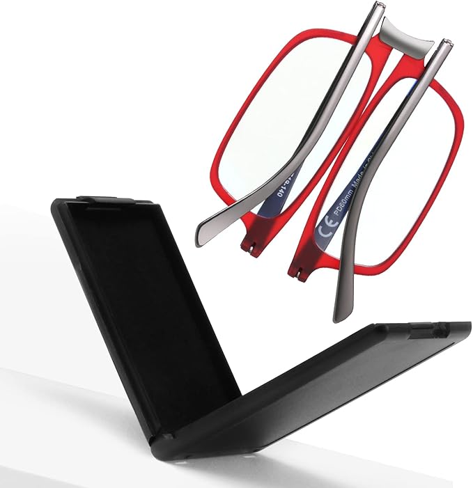 SKYOAK Evolved Folding Reading Glasses For Women Men Blue Light Blocking Anti UV Eyestrain Foldable Portable Compact Readers with Flat Hard Case Pocket Computer glasses 2.5 RED