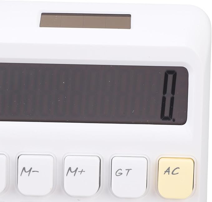 Asixxsix Desktop Calculator, Solar Powered 12 Digit Calculator Basic Functions Portable Design Large Clear Display with Responsive Mechanical Buttons for Office Home School (White)