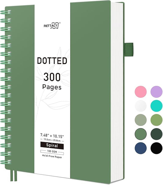 RETTACY Dotted Journal Notebook, 300 Pages, B5 Medium Size (7.4'' × 10''), 100 GSM Thick Paper, Flexible Plastic Cover, Spiral-bound, for Journaling, Planning, Tracking (Dark Green)