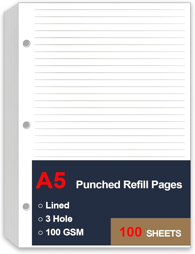 A5 Lined Paper Refill, 3 Hole Refill Paper, A5 Filler Paper, 100 Sheets/200 Pages Loose Leaf Paper for Filofax Planner Refills, Organizer, Binders, 100gsm, 5.8 x 8.2 In