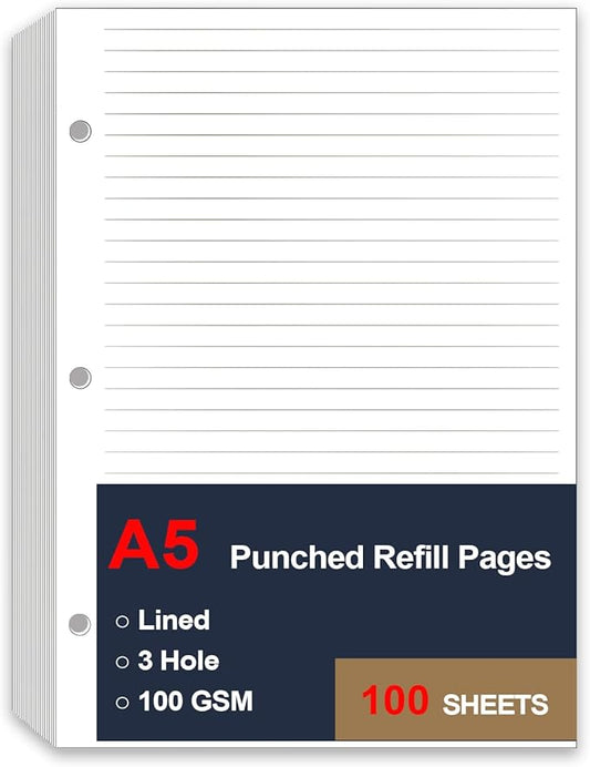 A5 Lined Paper Refill, 3 Hole Refill Paper, A5 Filler Paper, 100 Sheets/200 Pages Loose Leaf Paper for Filofax Planner Refills, Organizer, Binders, 100gsm, 5.8 x 8.2 In