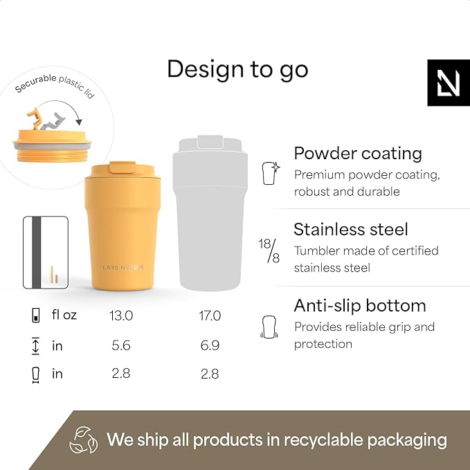 LARS NYSØM Thermo Coffee Mug to go 13oz | Travel Mug 0.38 Liter with Insulation | Silicone grip base | Leak Proof Stainless Steel Tumbler for Coffee and Tea on the Go (Powder Yellow, 13oz)