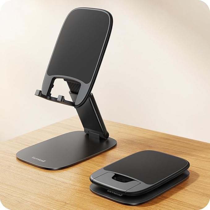Lamicall Ultra-Thin Phone Stand for Desk, Foldable Cell Phone Holder Height Adjustable, Sturdy Weighted Base, Thick Case Friendly for Home Office Travel, Fit iPhone 17 16 15 13 Pro Max, Galaxy S26